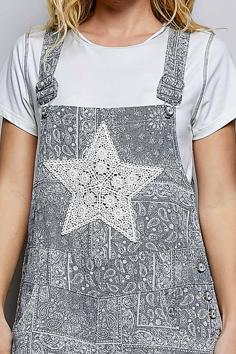 Floral Crochet Pearl Patch Roomy Fit Twill Overalls: FLORAL MULTI / M