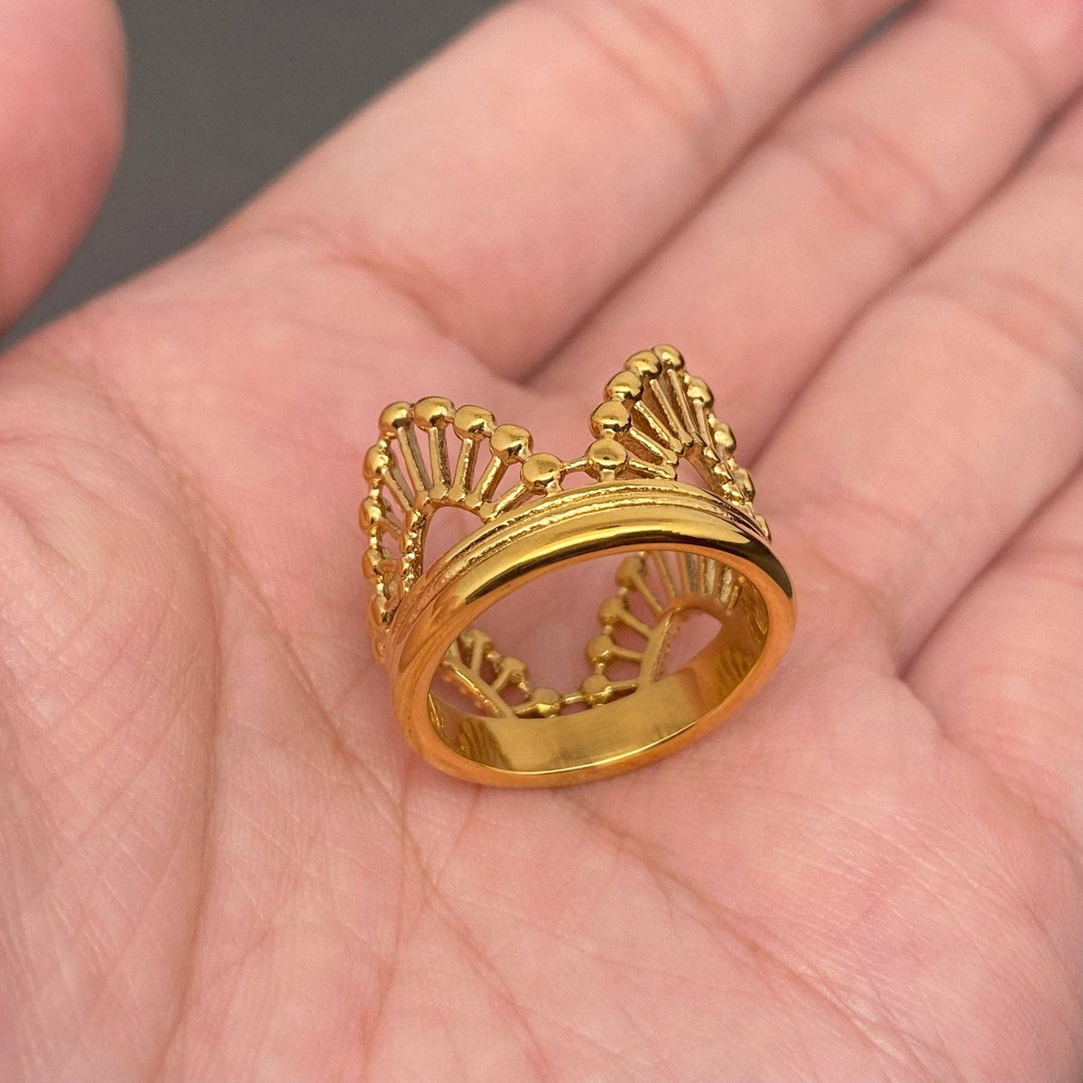 18K Gold Plated Stainless Steel Hollow Crown Ring - FGS: 8