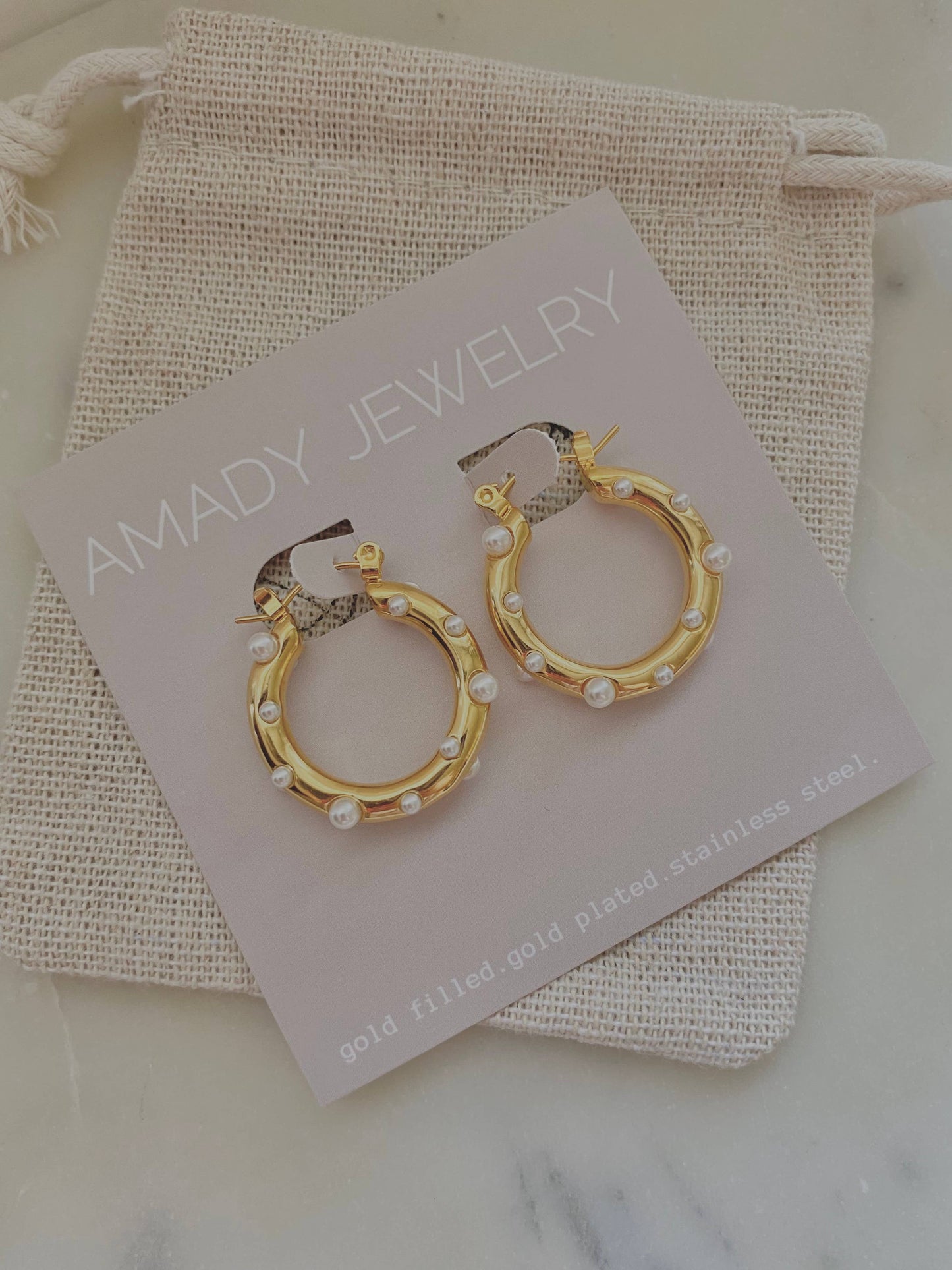 Pearls Gold Hoop Earrings Stainless Steel waterproof