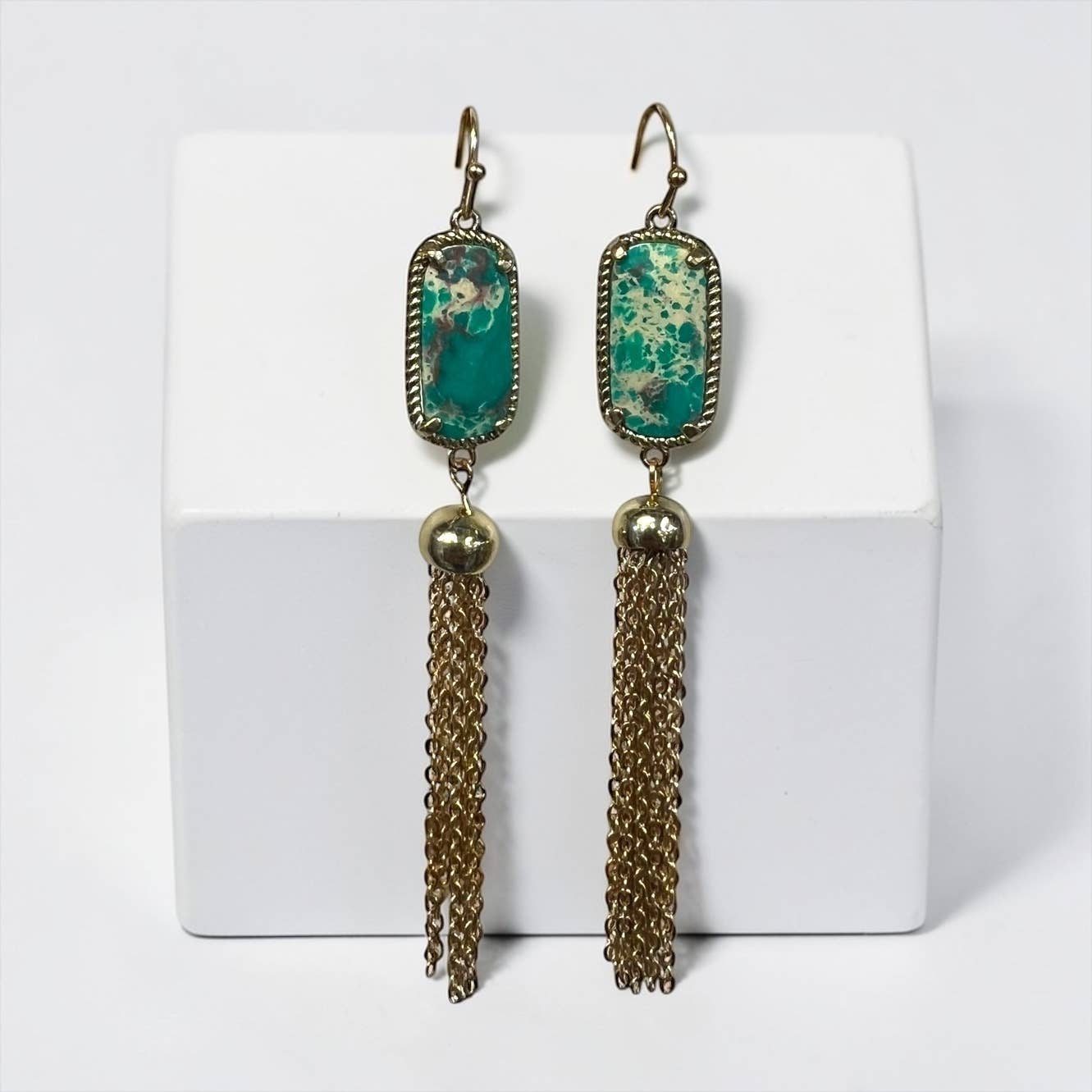 2.75” green jasper Earring with gold tassel