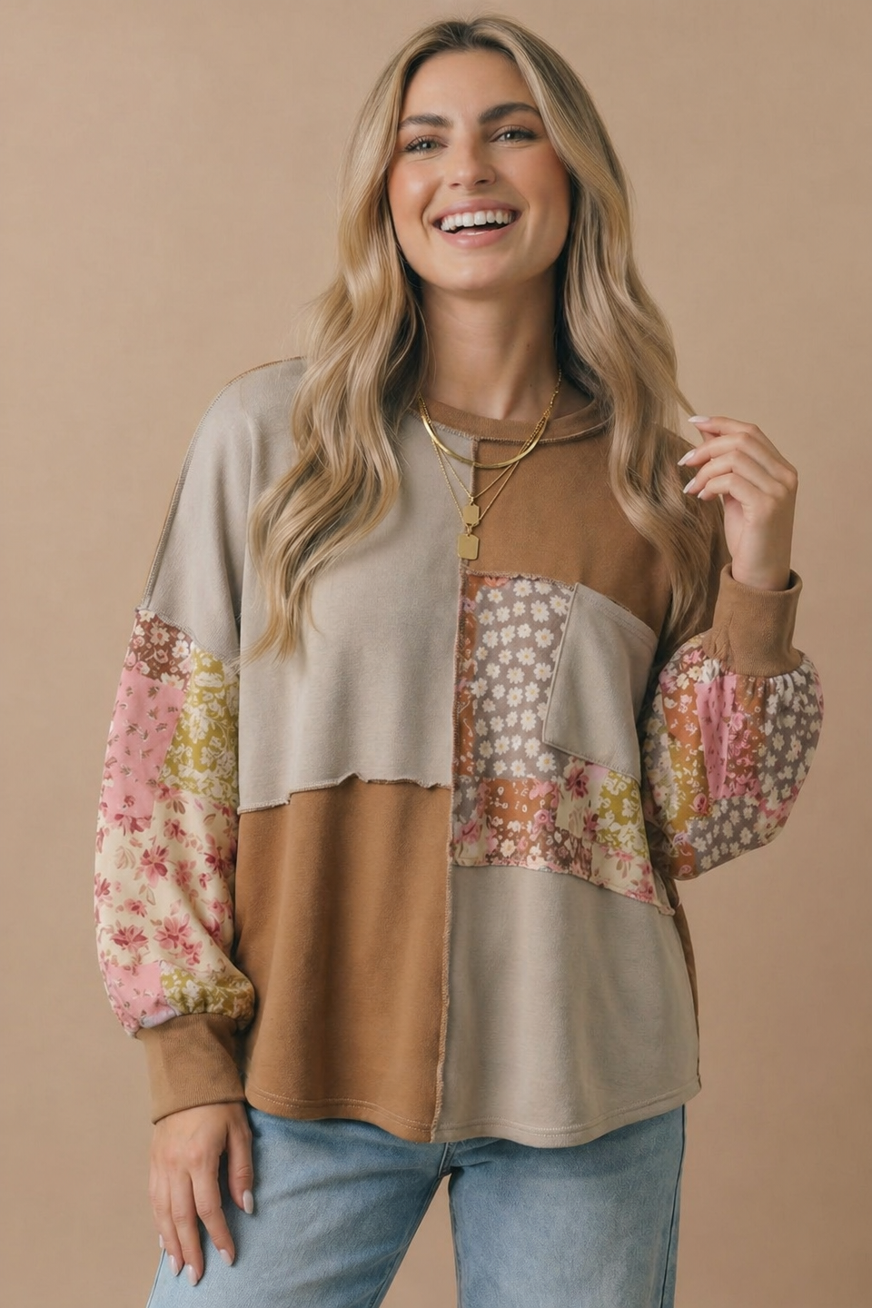 Mock Neck Floral Patchwork Pullover Top: TAUPE/CAMEL / M