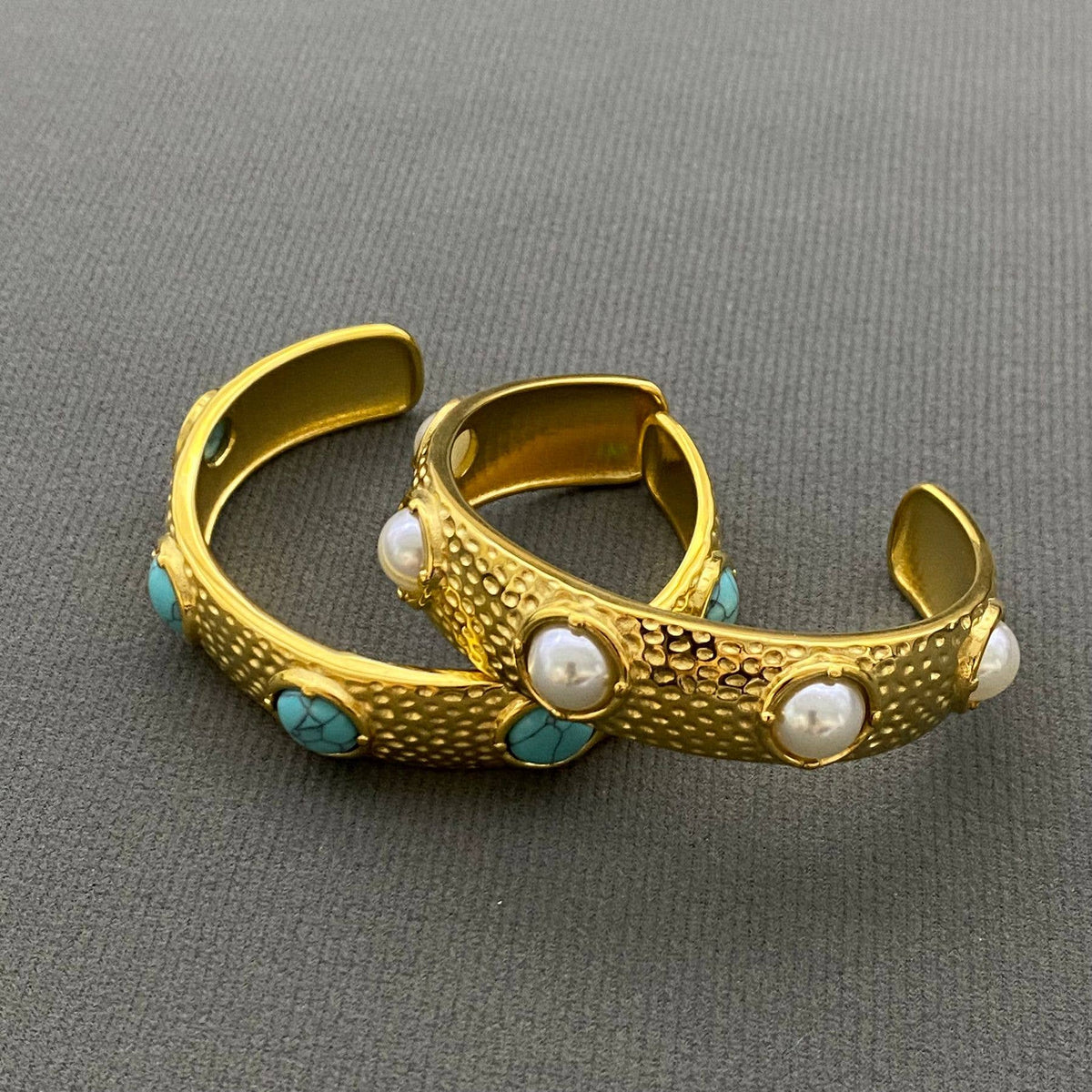 Turquoise & Pearl 18K Gold Plated Stainless Steel Cuff - FGS: Turquoise