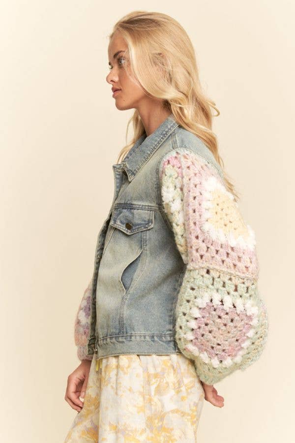 FUZZY FLOWER CROCHET PATCHWORK FRONT JACKET