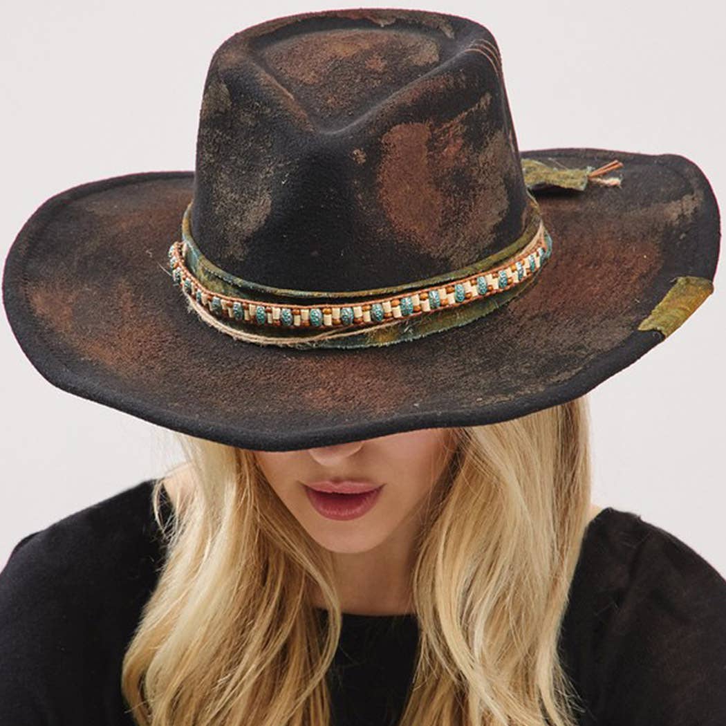 Vintage Versatile Shapeable Cowgirl & Fedora Hat With Distre: BK