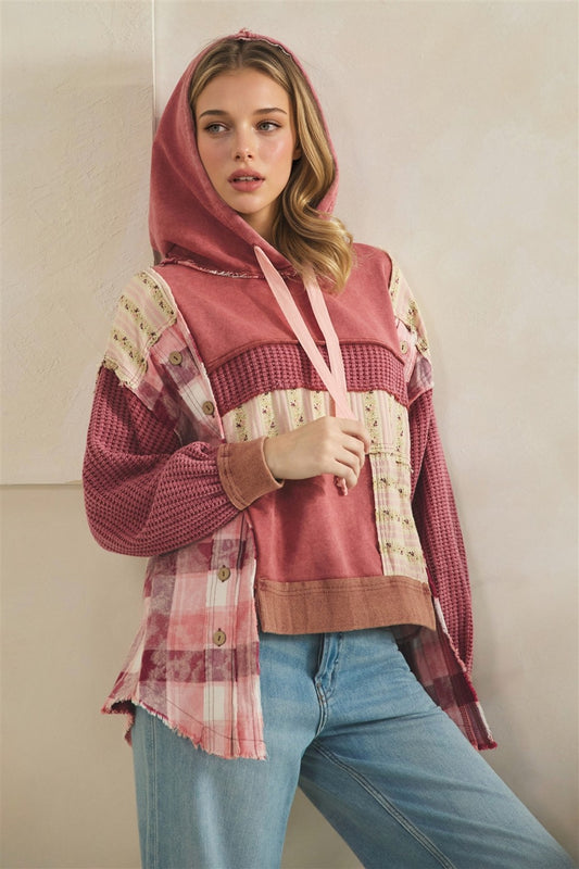 Washed Patchwork Waffle Detailed Hoodie
