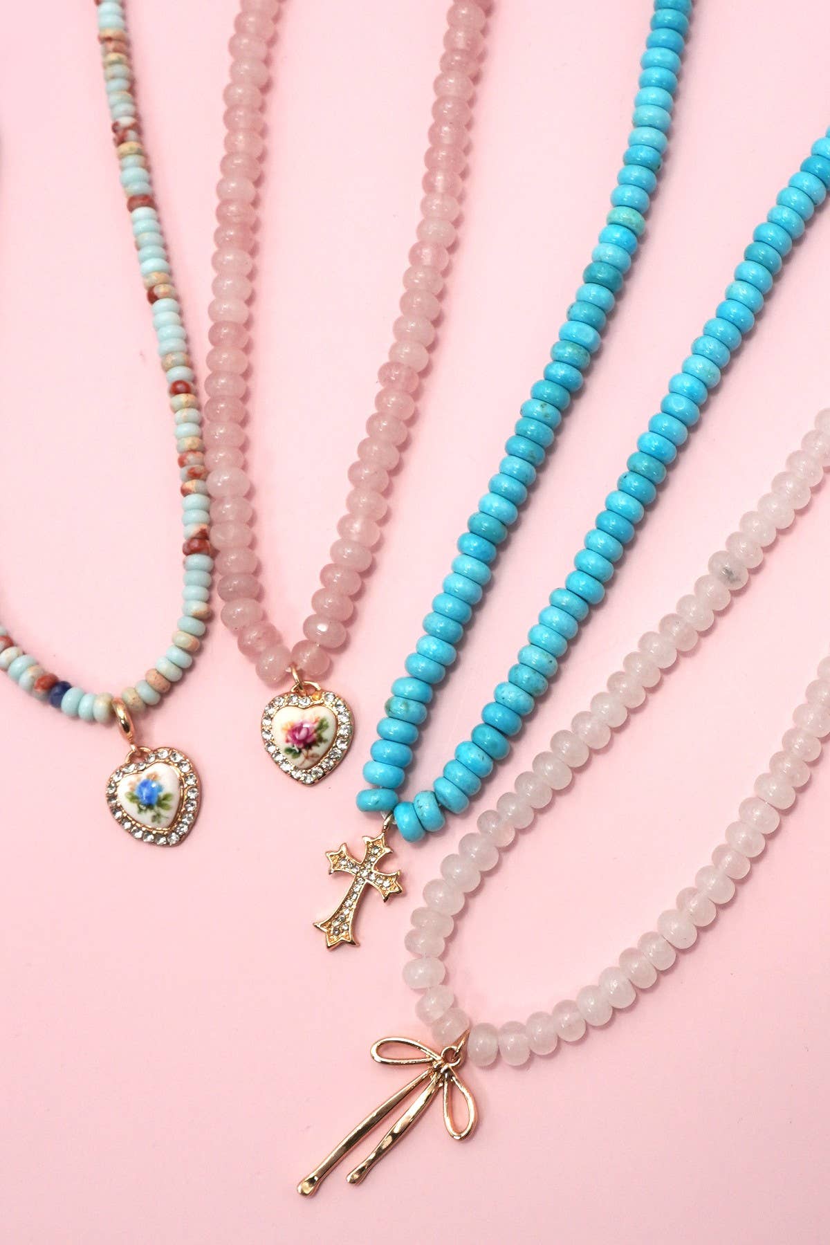 NATURAL SEMI PRECIOUS STONE BEADED CHARM NECKLACE | 80N91561: Rose Quartz