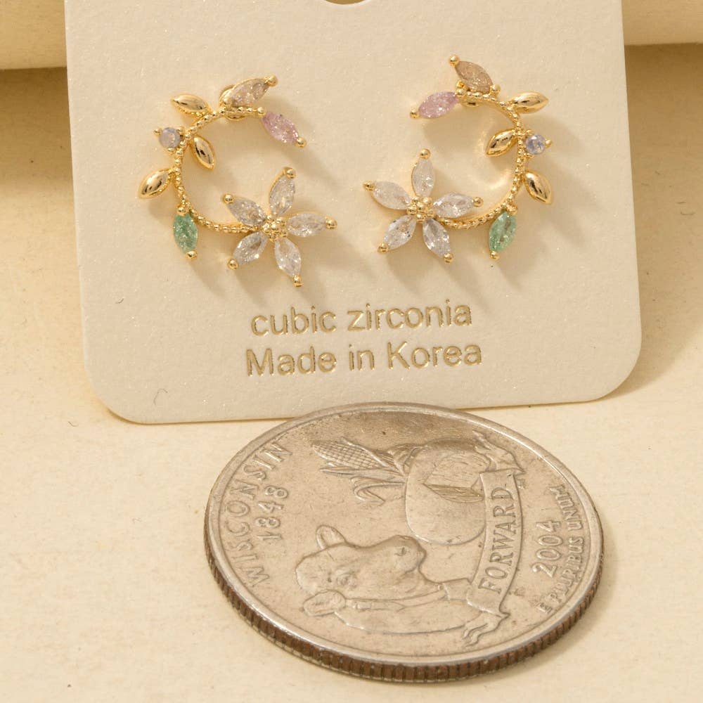 Gold Dipped Cz Leaf And Flower Circle Stud Earrings: G