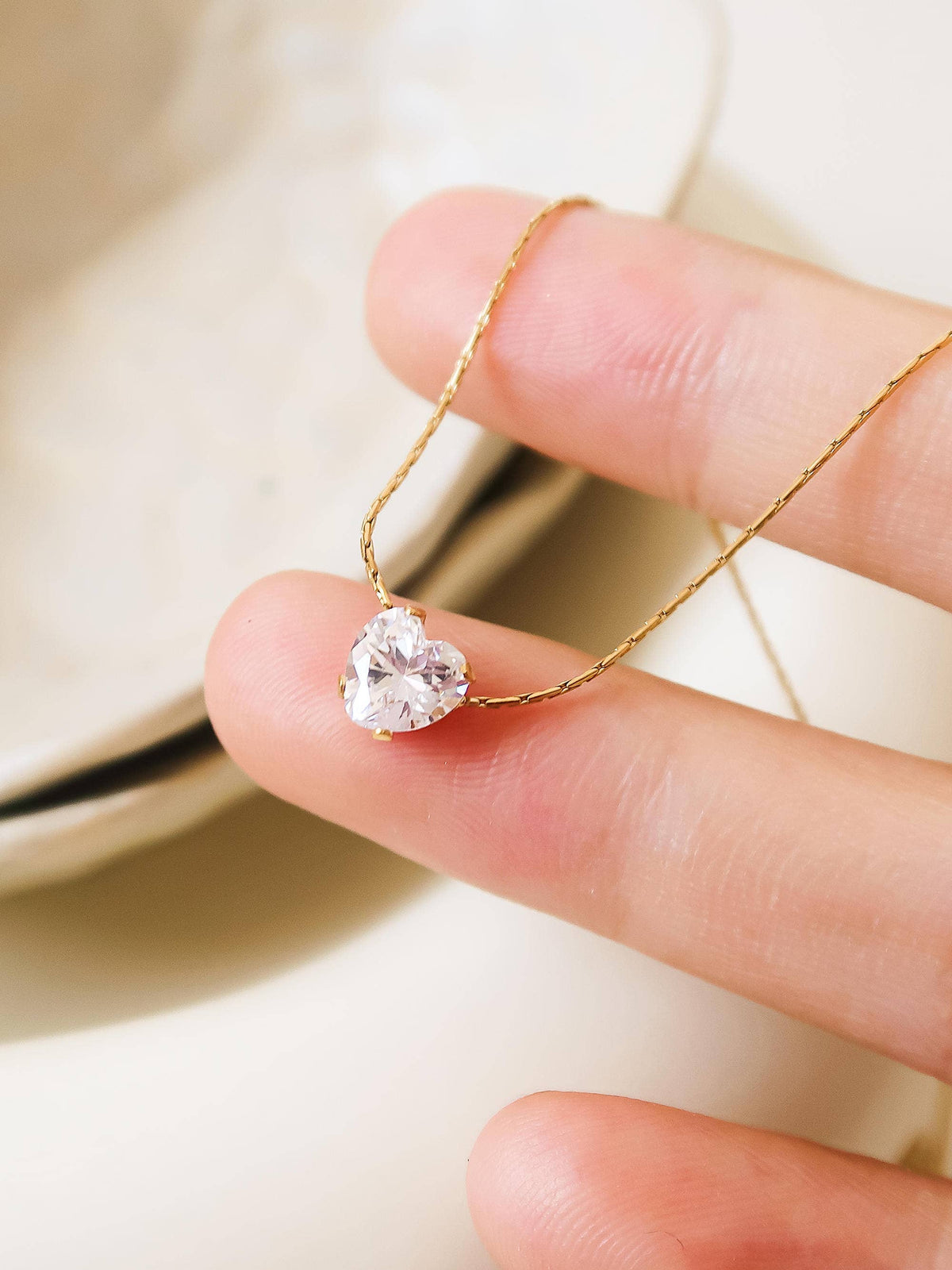 Bonnie 18K Non-Tarnish Petite Heart CZ Necklace: Yellow Gold