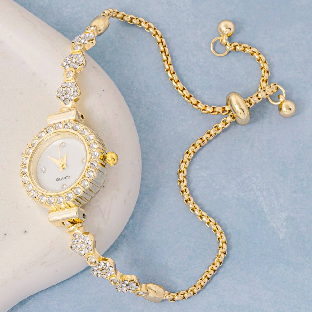 Antique Gold Cz Adjustable Bracelet Watch: G