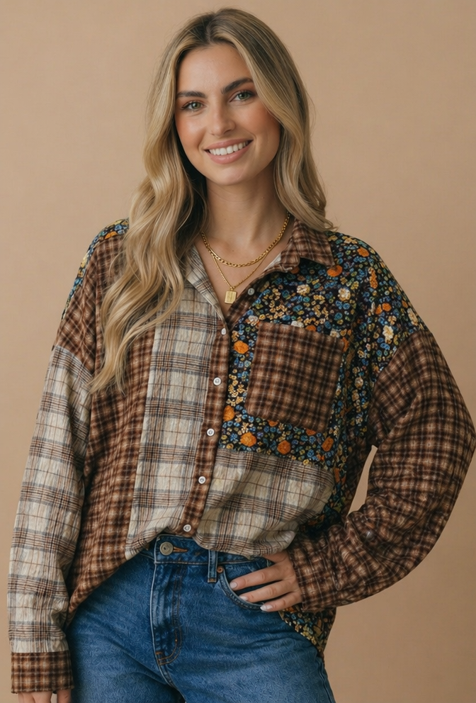 Button Down Color Block Oversized Top