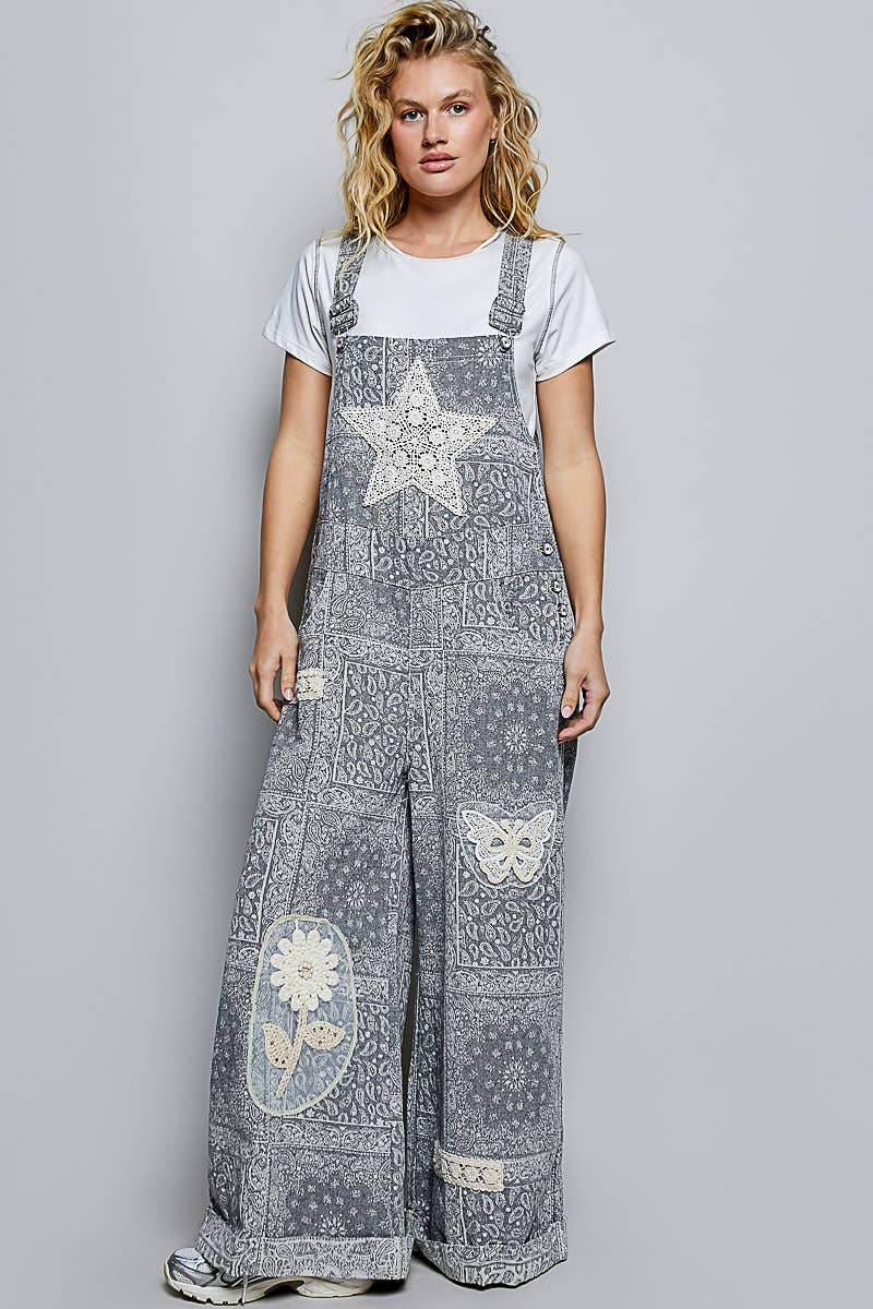 Floral Crochet Pearl Patch Roomy Fit Twill Overalls: FLORAL MULTI / M