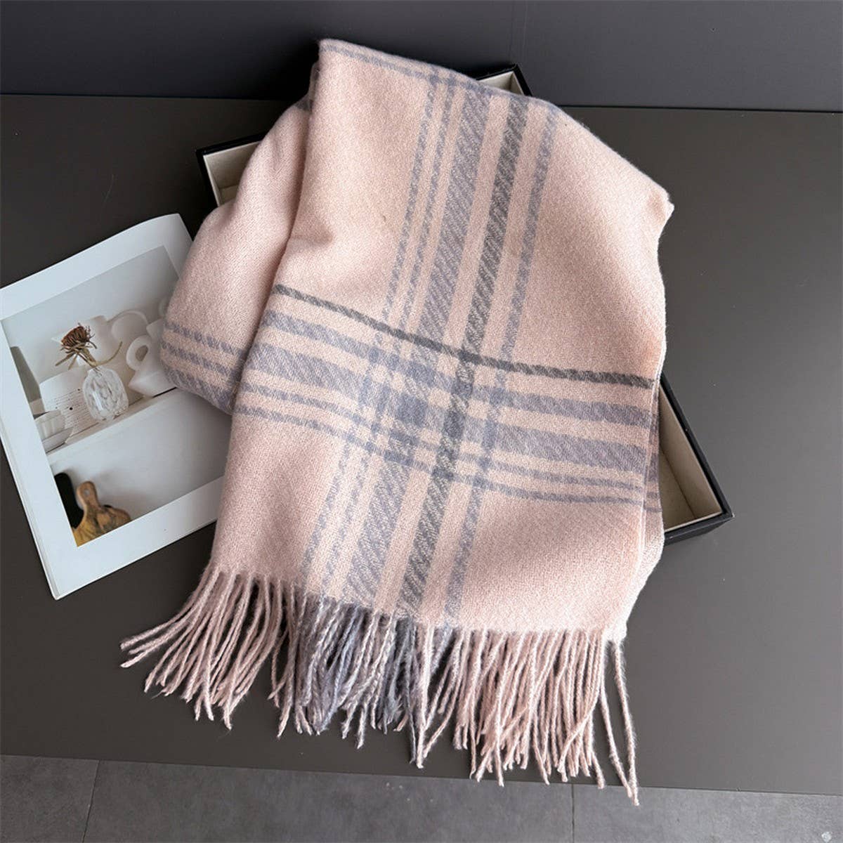 Minimal Plaid Soft Cashmere Feel Winter Scarf_CWASC03246: CAMEL / (OS) 1