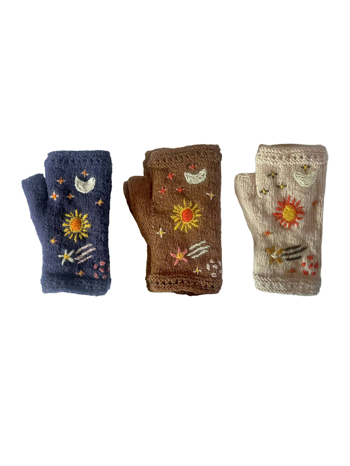 Whimsical Celestial Fingerless Gloves Hand Embroidered : Assorted Colors / O/S