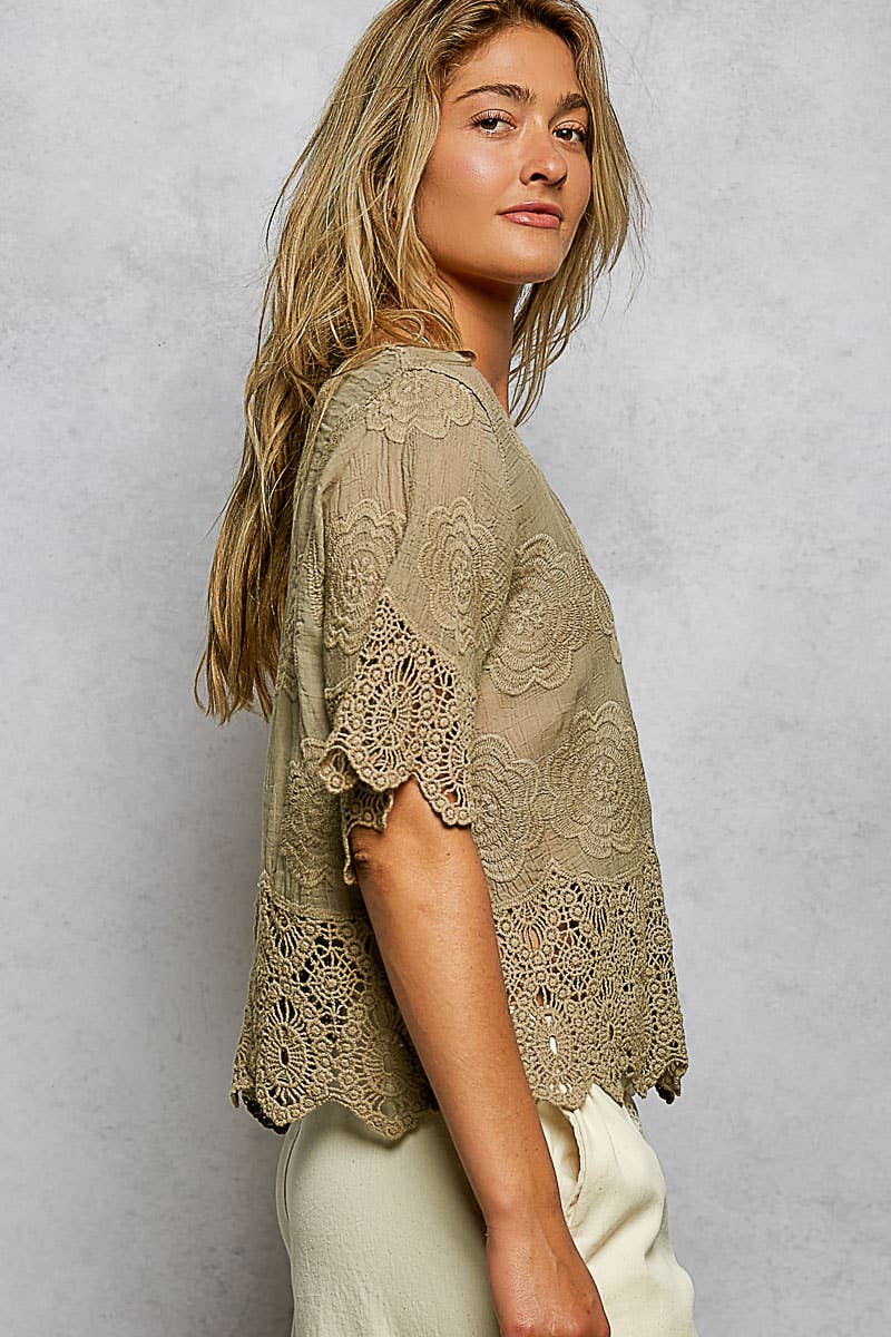 Crochet Trim Neckline Short Sleeve Jacket Top: NATURAL / Os
