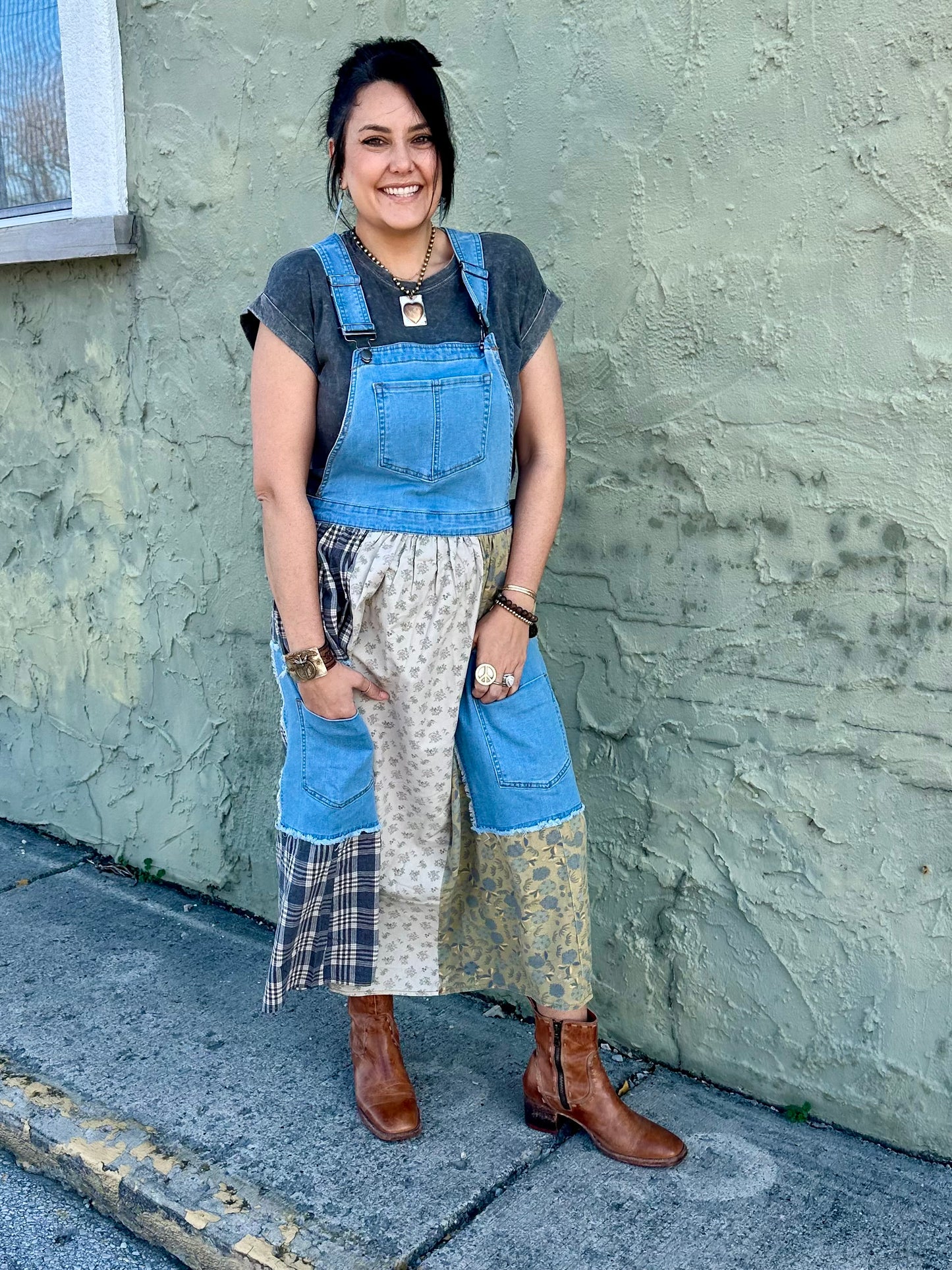 PATCHWORK WASHED DENIM OVERALL DRESS