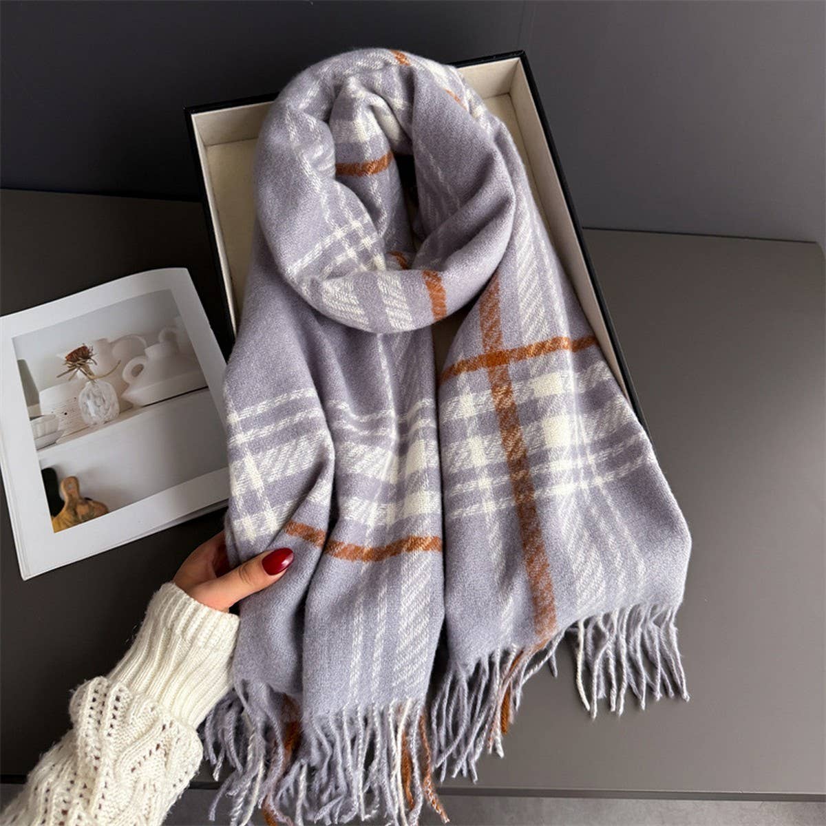 Minimal Plaid Soft Cashmere Feel Winter Scarf_CWASC03246: Pink / (OS) 1