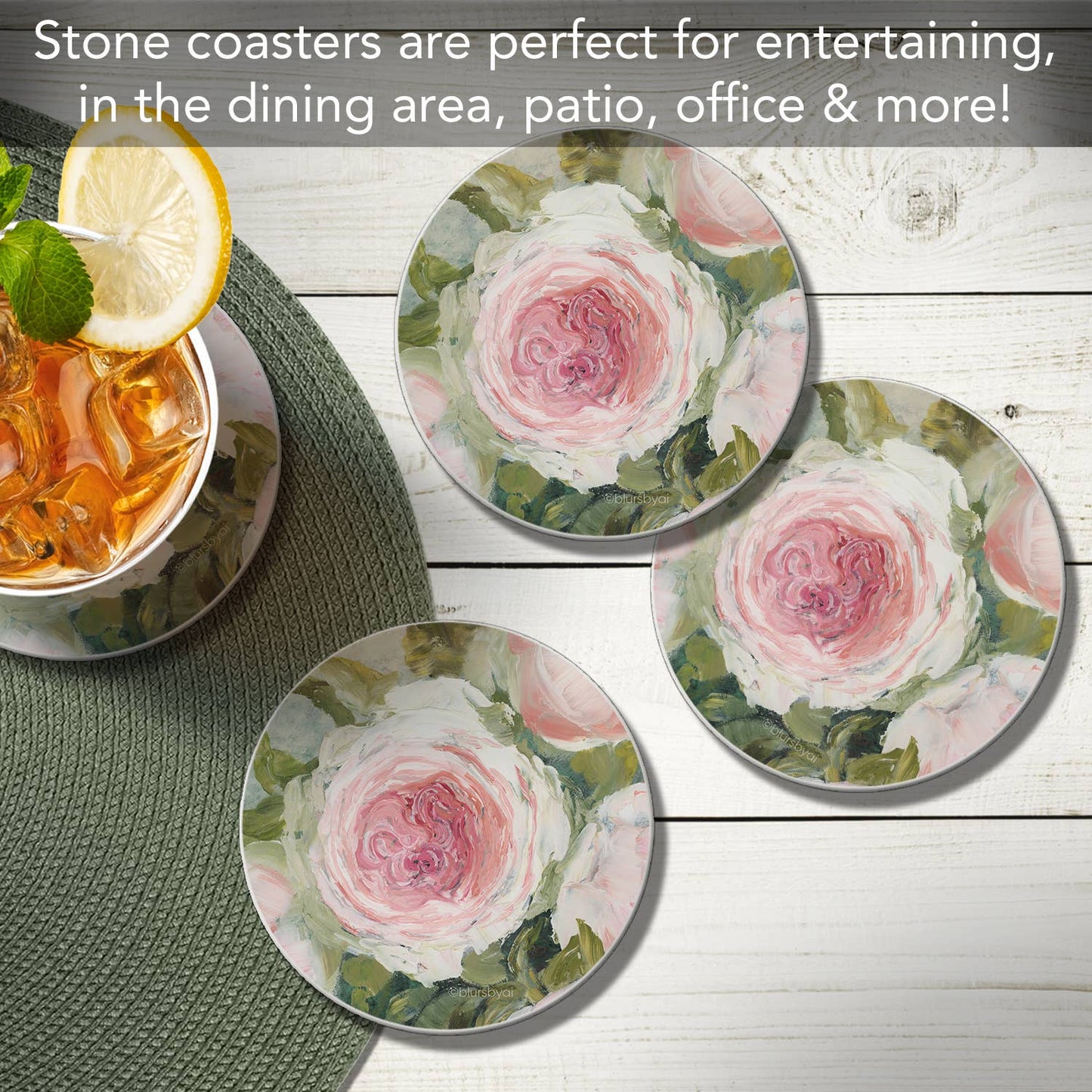 "Aged Beauty" 4 Pack Round Absorbent Stone Coasters