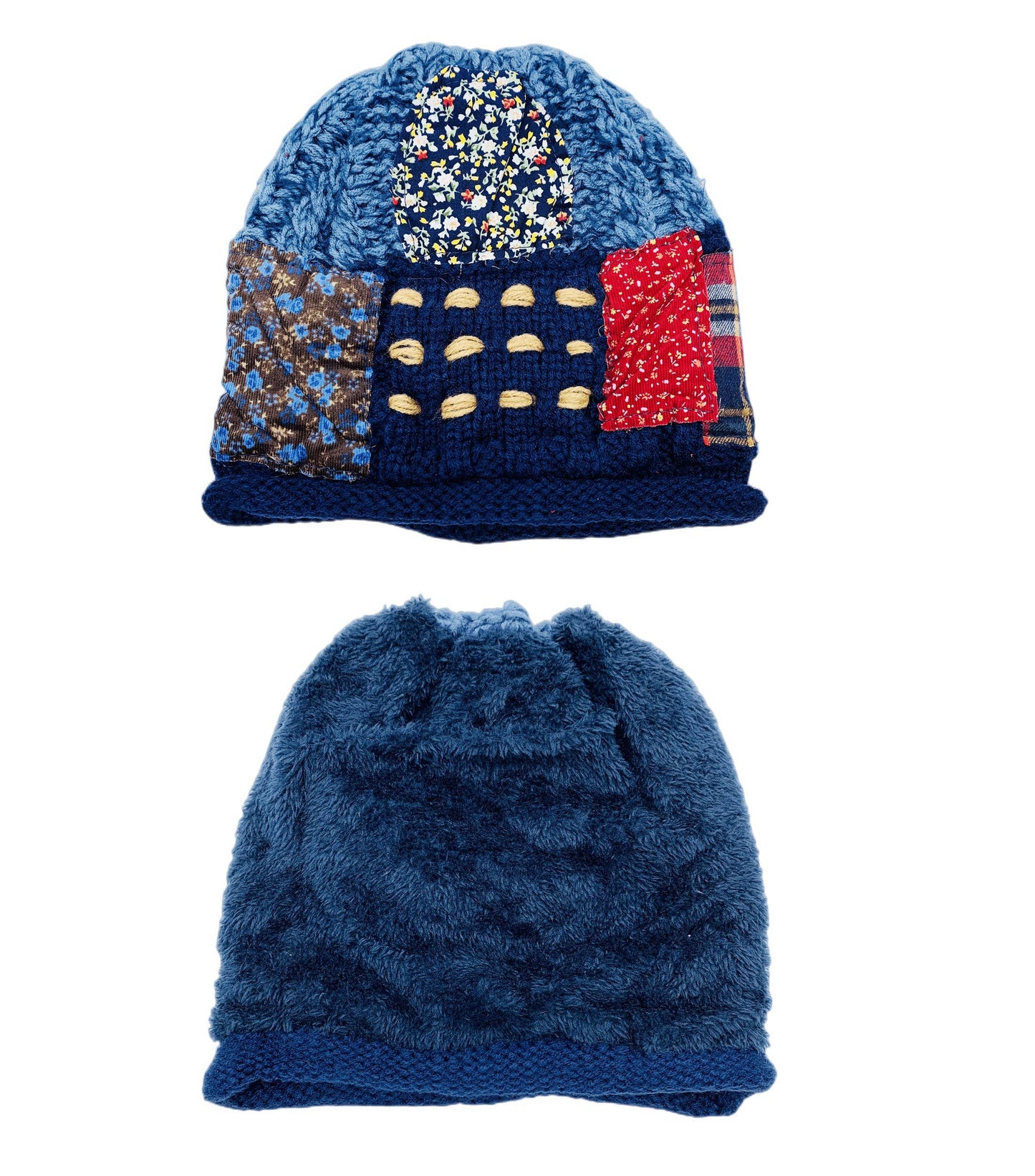 Reversible Handcrafted Patchwork Knit Hat with Plush Lining: Blue