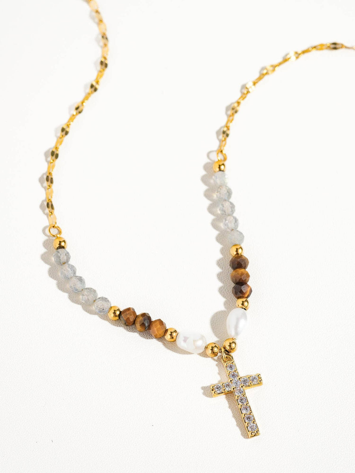 Lumiere 18K Gold Cross Necklace with Beads and Pearls: Yellow Gold