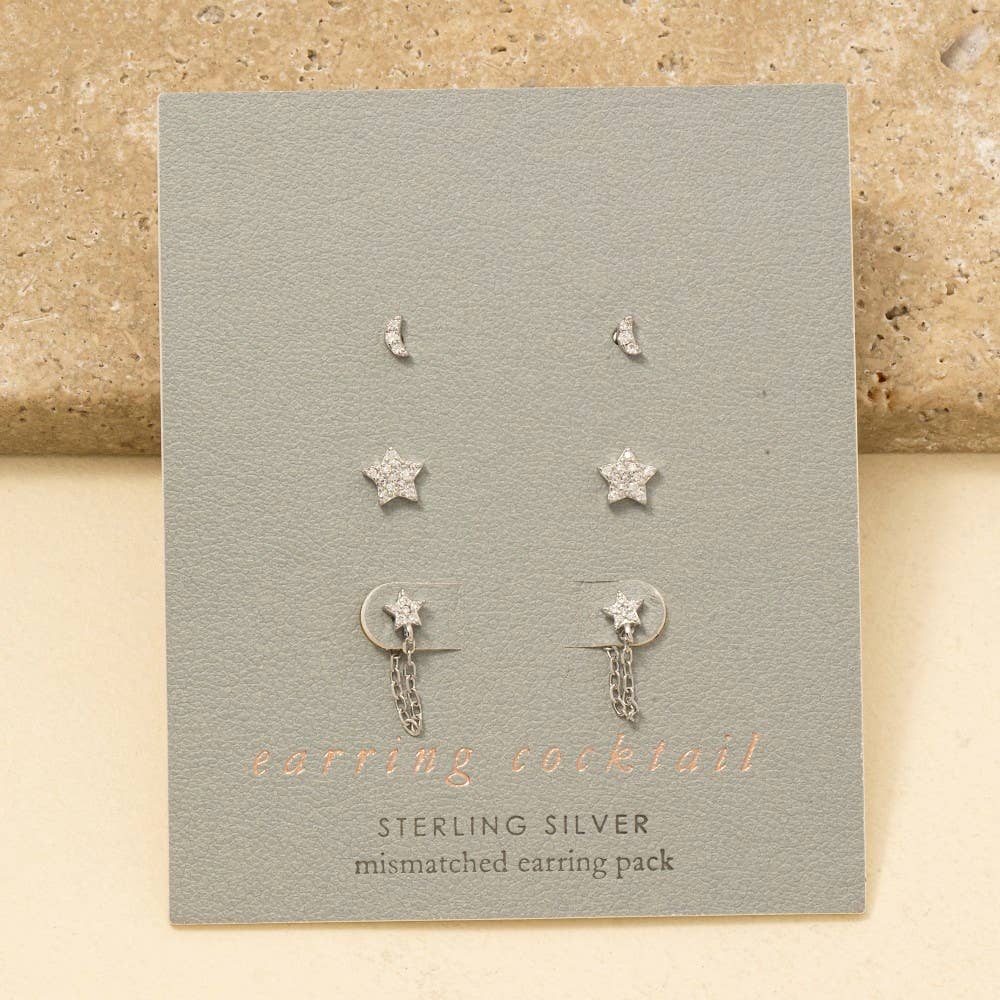 Sterling Silver Cz Stars And Moon Stud Earrings Set: RZ