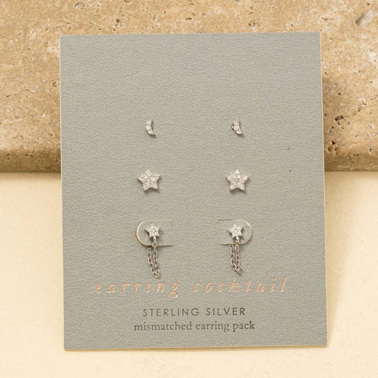 Sterling Silver Cz Stars And Moon Stud Earrings Set: RZ