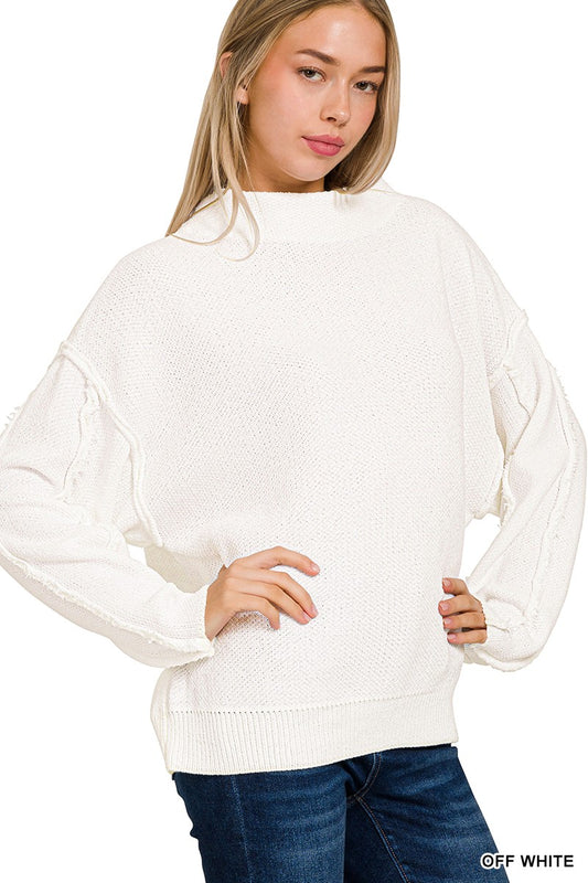 Oversized Mock Neck Raw Seam Chenille Sweater