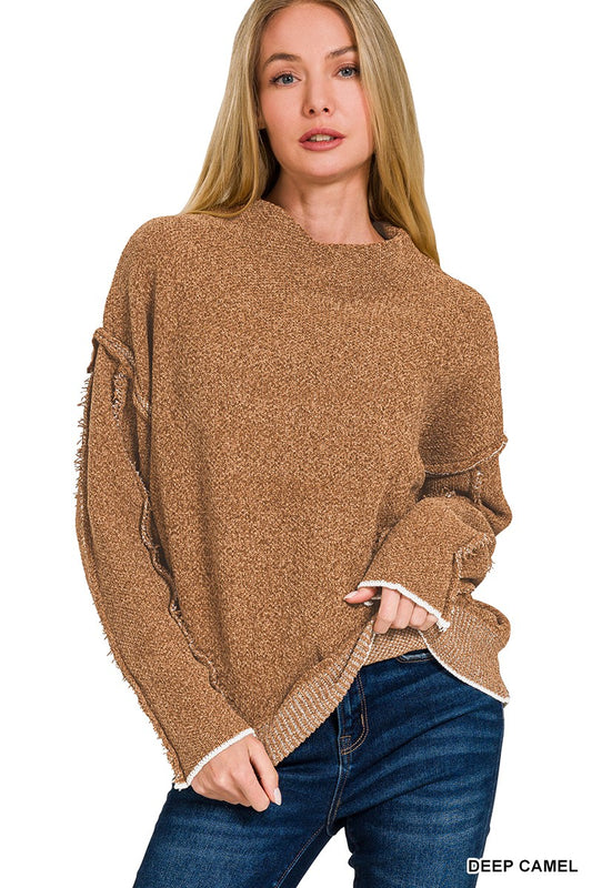 Oversized Mock Neck Raw Seam Chenille Sweater