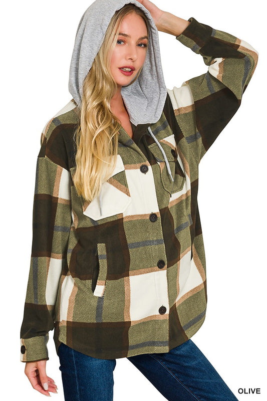 Plaid Drawstring Hooded Fleece Shacket