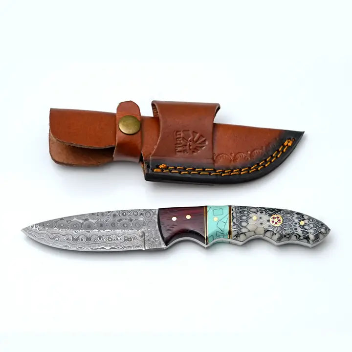 Titan "Cobra" Hand-Forged Damascus Steel Hunting Knife with Turquoise & Honeycomb Handle