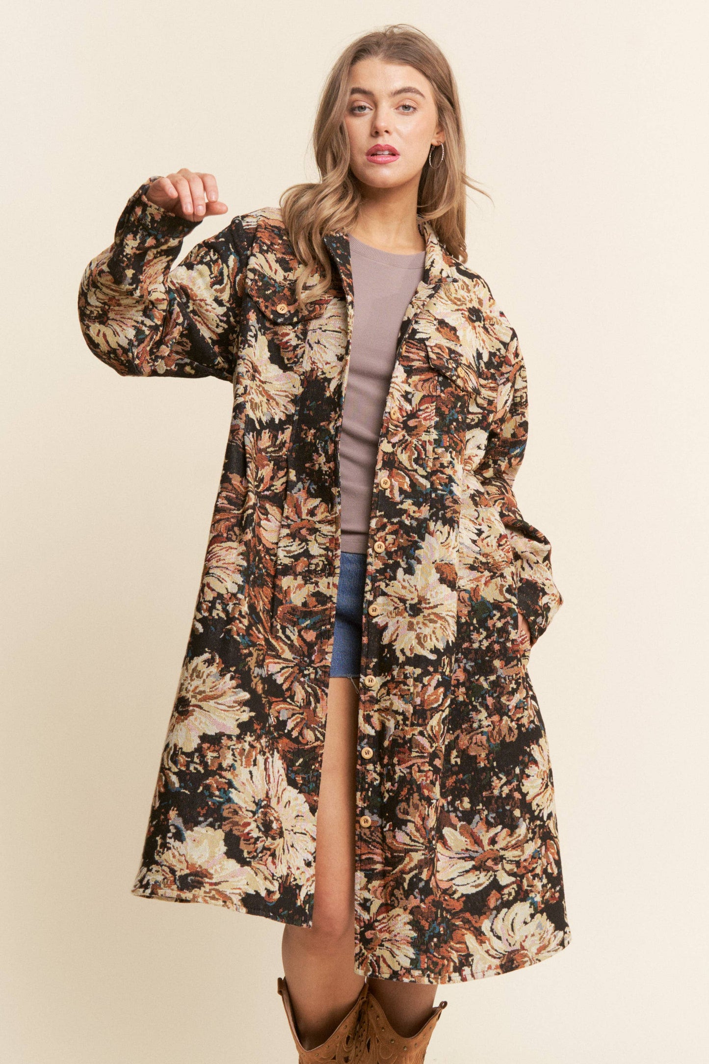 Floral Print Knit Button Down Coat
