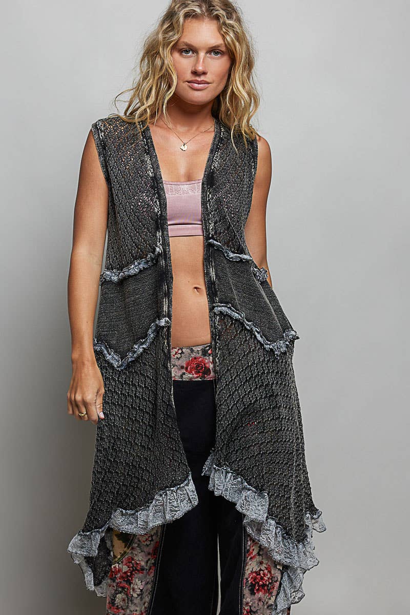 Solid Ruffle Vintage Washed Crochet Vest