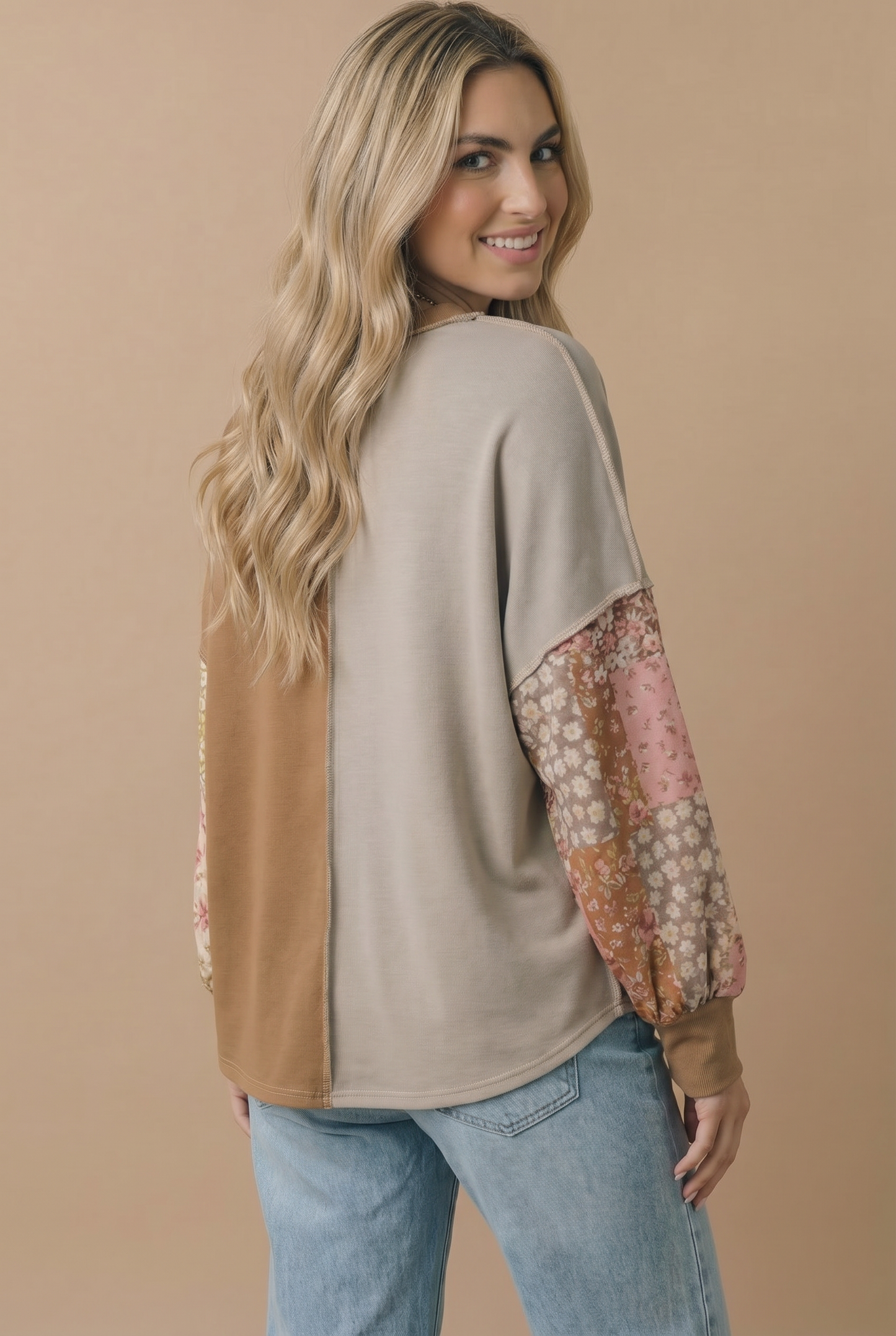 Mock Neck Floral Patchwork Pullover Top: TAUPE/CAMEL / S