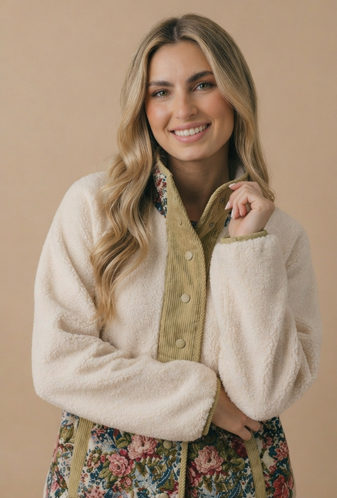 High Neck Snap Button Sherpa Floral Jacket