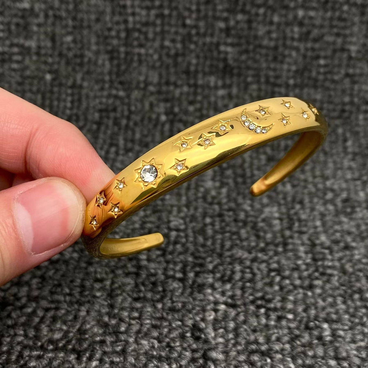 Inlaid CZ Sun Moon Star 18K Gold Plated SS Cuff - FGS/MS