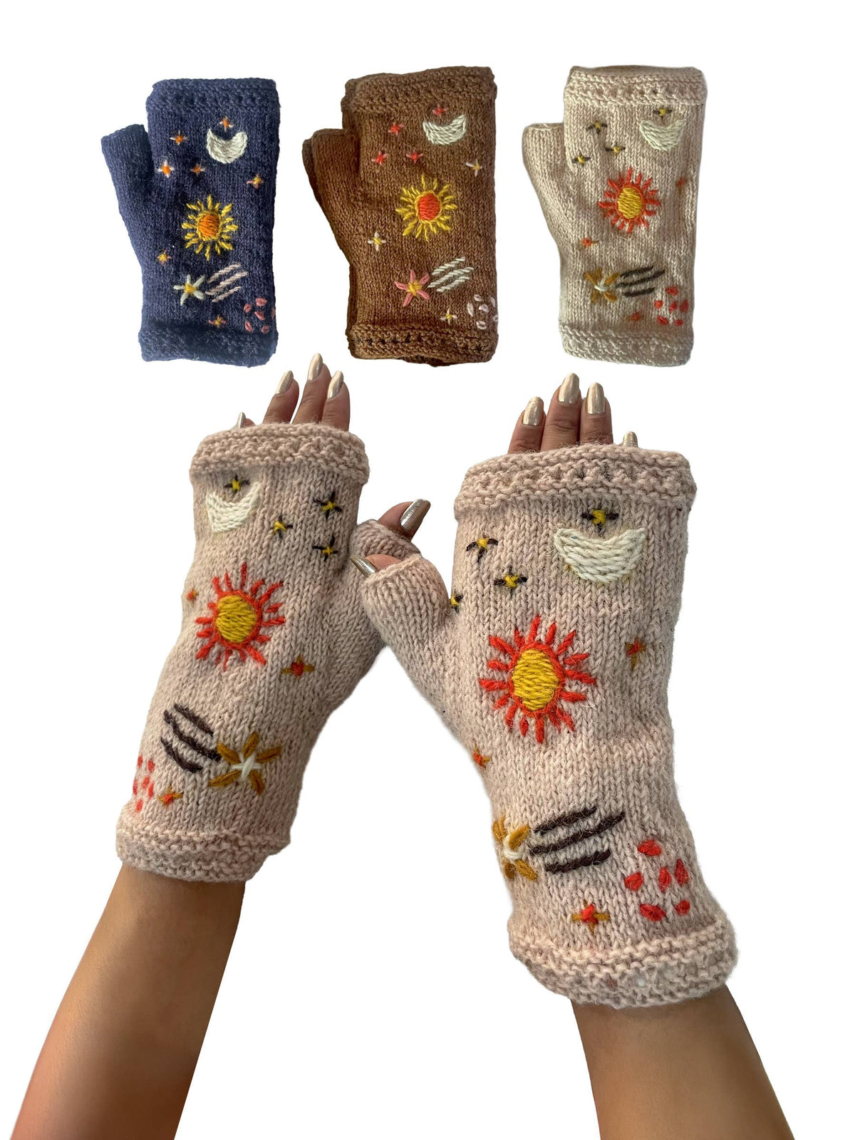 Whimsical Celestial Fingerless Gloves Hand Embroidered : Assorted Colors / O/S