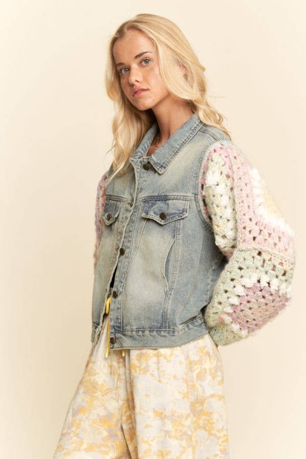 FUZZY FLOWER CROCHET PATCHWORK FRONT JACKET