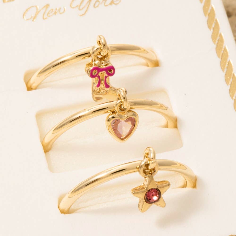 Secret Box Gold Dipped 3Pc Dangle Charms Band Rings Set: GD