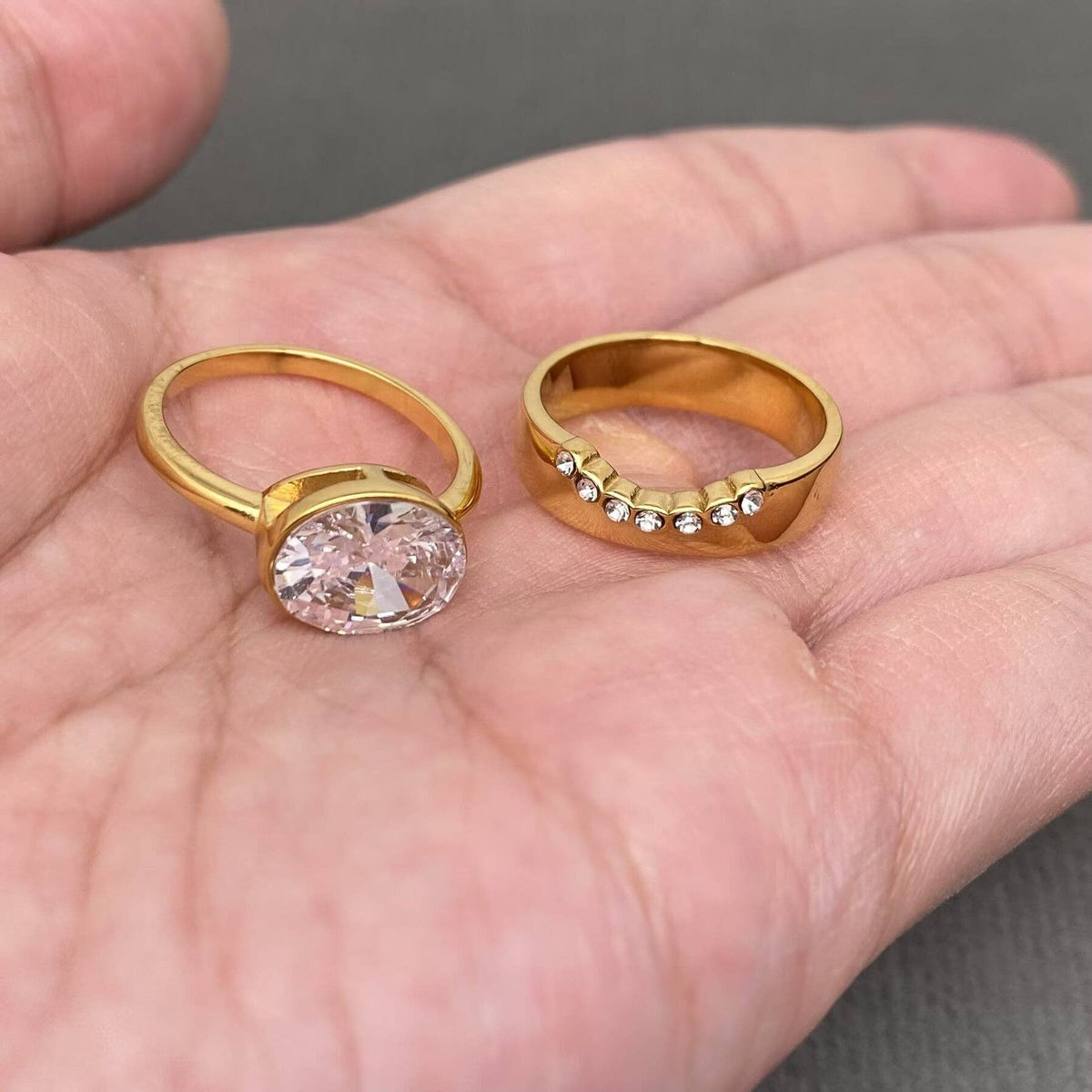Zircon Inlaid 18K Gold Plated S.Steel Stacked Ring - FGS: 7