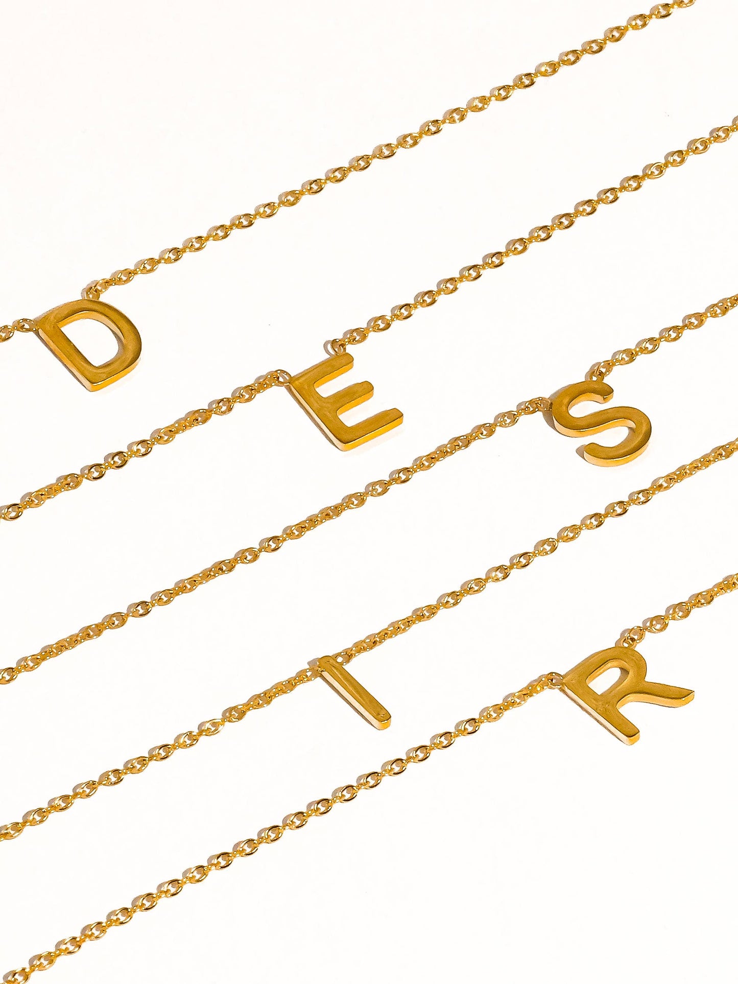 Desir 18K Gold Non-Tarnish Petite Classic Letter Necklace: Yellow Gold / E