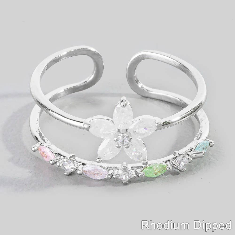 Gold Dipped Cz Flower Studded Two Row Ring: G