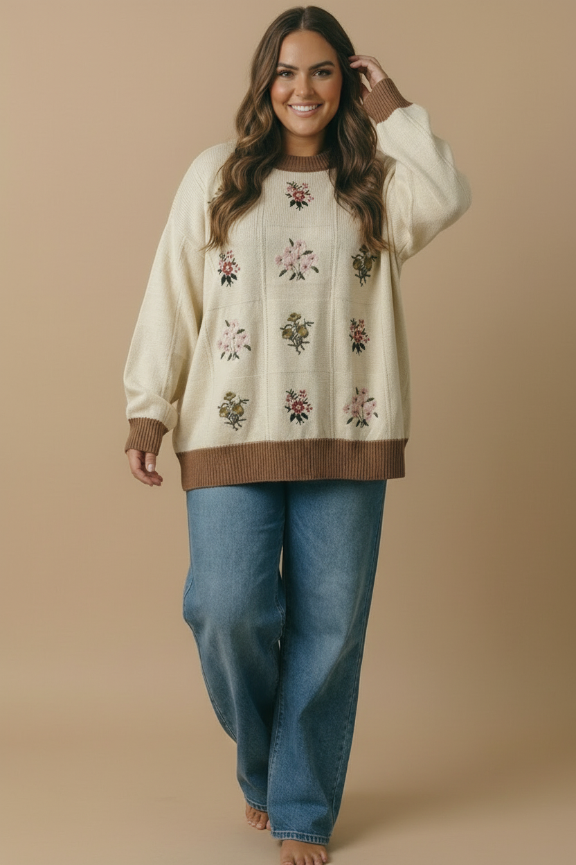 Plus Round Neck Floral Embroidery Sweater Knit Top