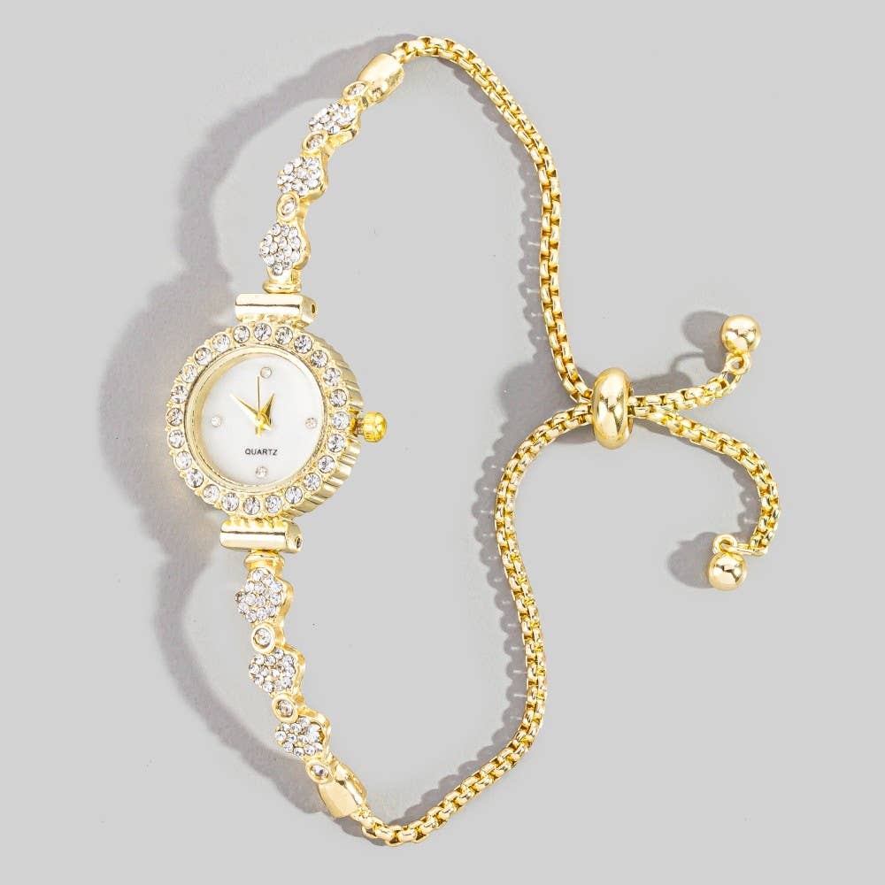 Antique Gold Cz Adjustable Bracelet Watch: G