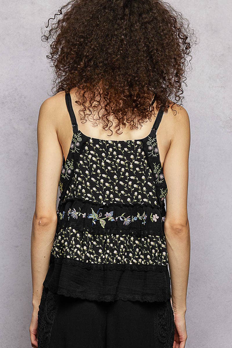 A-body Flared Fit Double Gauze Floral Embroidery Sleeveless