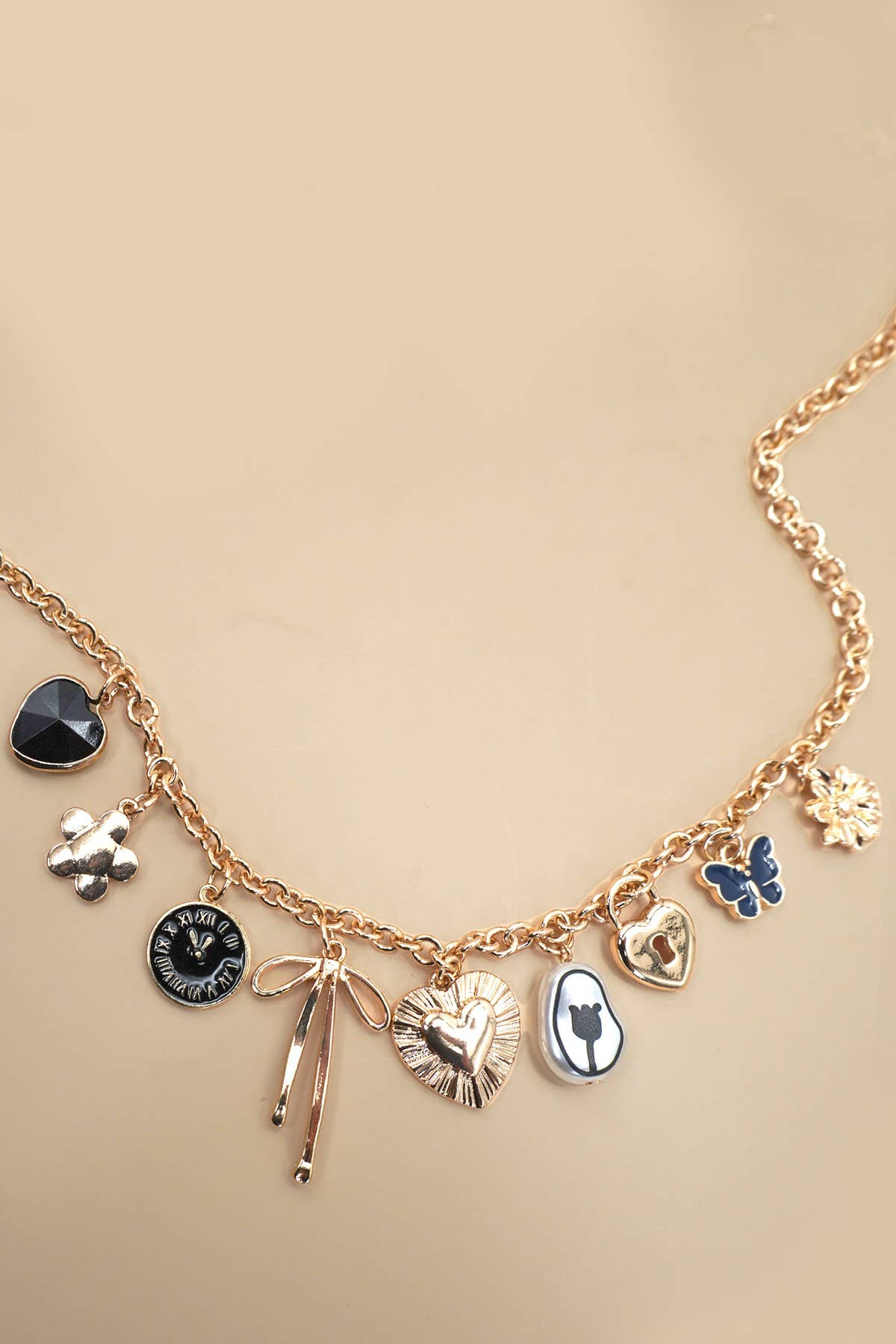 CHARM NECKLACE-HEART CLOCK BOW LOCK CHARMS | 80N91815: GOLD