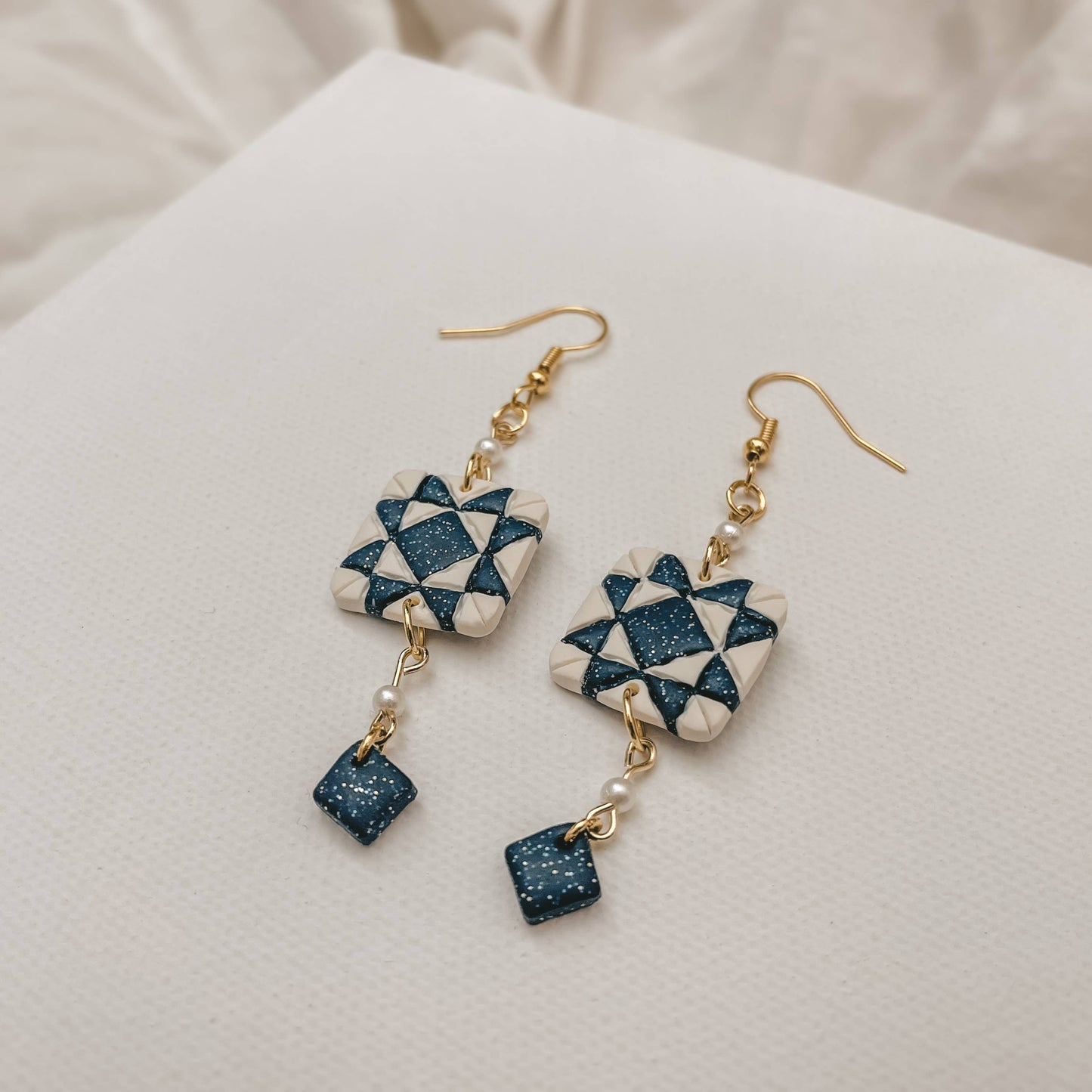 Quilt Block and Pearl Beads Dangle Earrings: Midnight