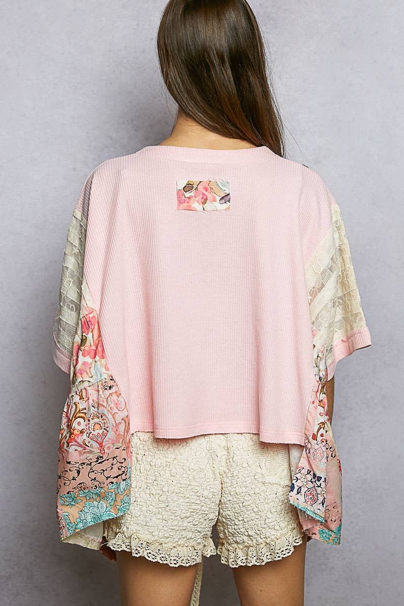 Boho Side Ruffle Detail Floral Embroidery Thermal Top: Pink