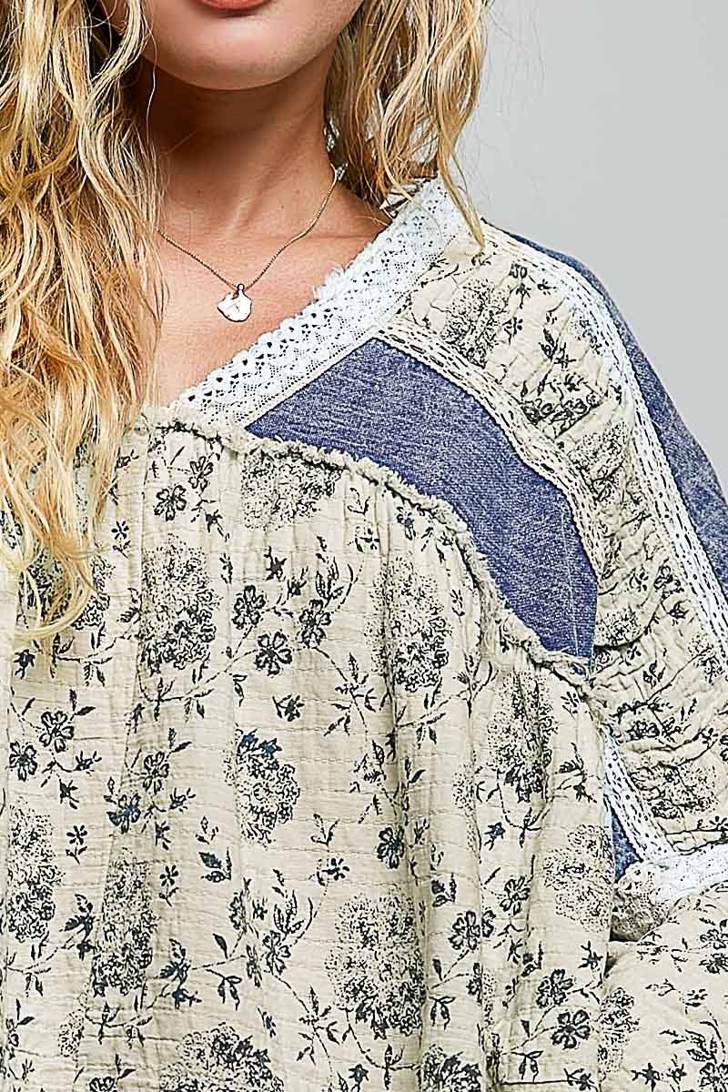 French Terry Floral Gauze Ruffle Detail Denim Short Top
