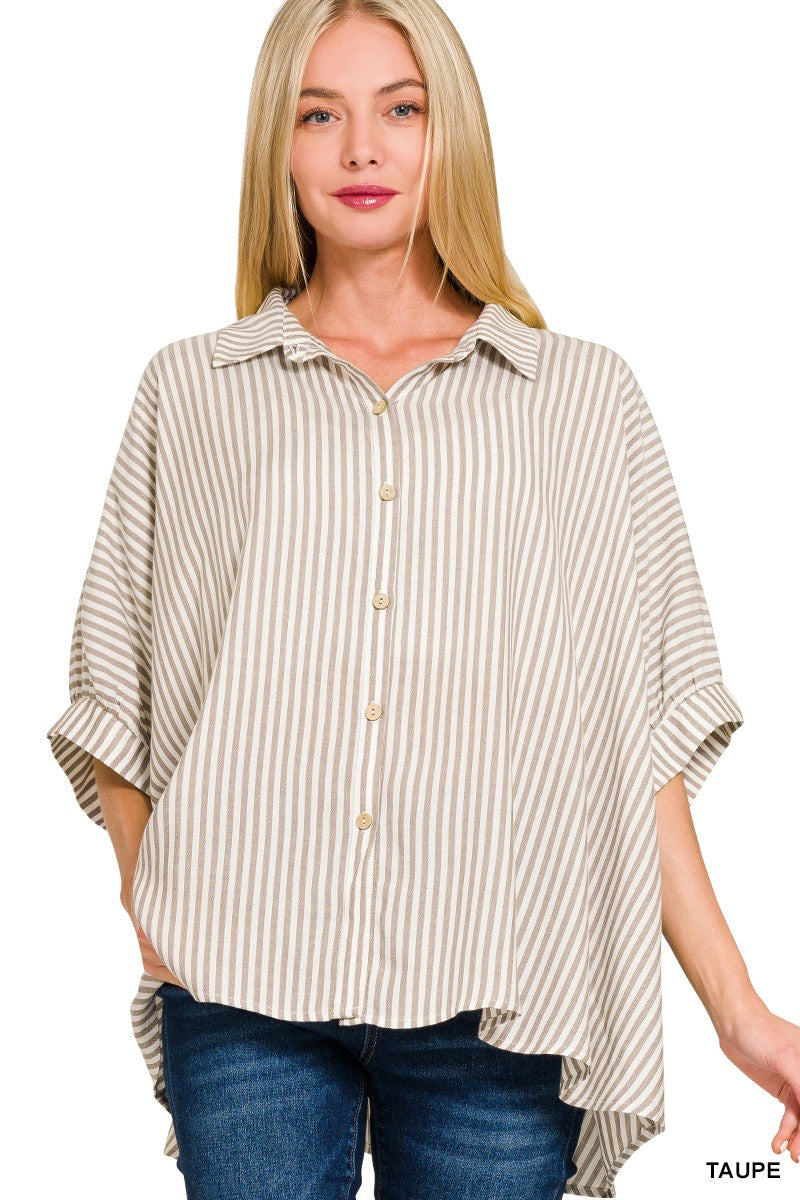 Rayon Striped Short Sleeve Button Up Shirt-3 colors