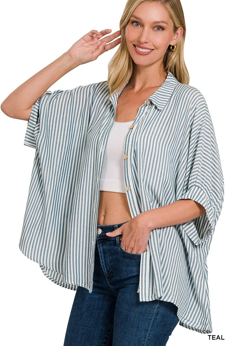 Rayon Striped Short Sleeve Button Up Shirt-3 colors