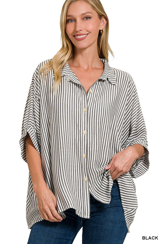 Rayon Striped Short Sleeve Button Up Shirt
